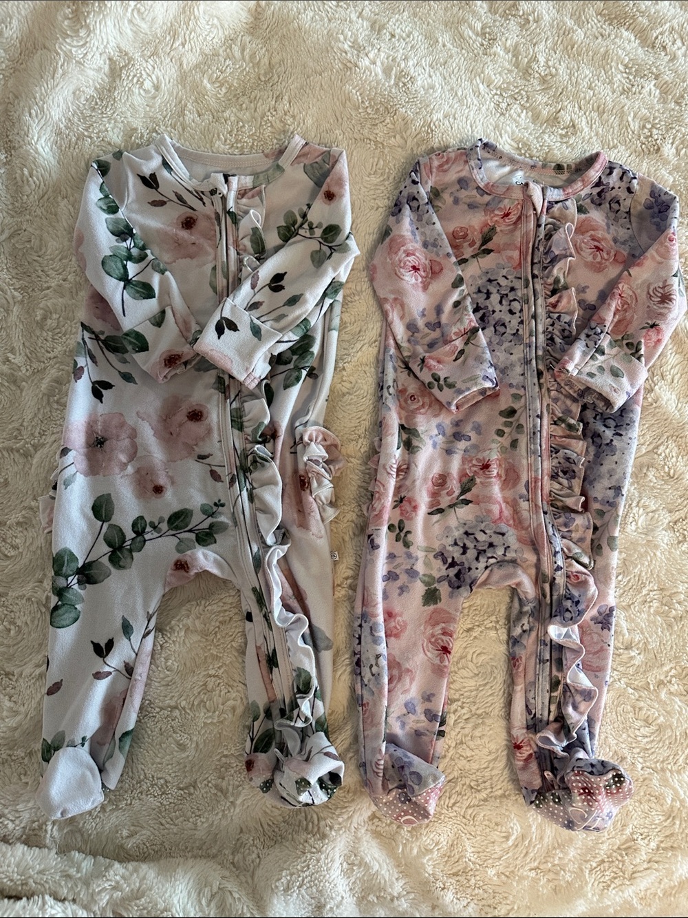 Caden Lane Floral Ruffle Footed One-Pieces - Pink, Green & Purple
